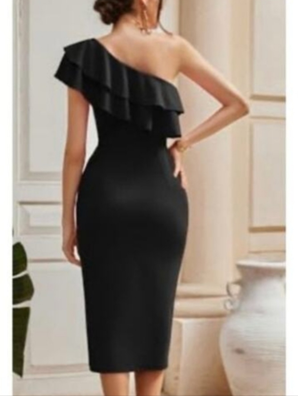 Grace Karin NWT One-Shoulder Black Ruffle Midi Dress Sz S - Picture 10 of 11